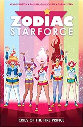 Cover of Zodiac Starforce. It has 5 girls standing in front of a pastel rainbow background holding their hands up.