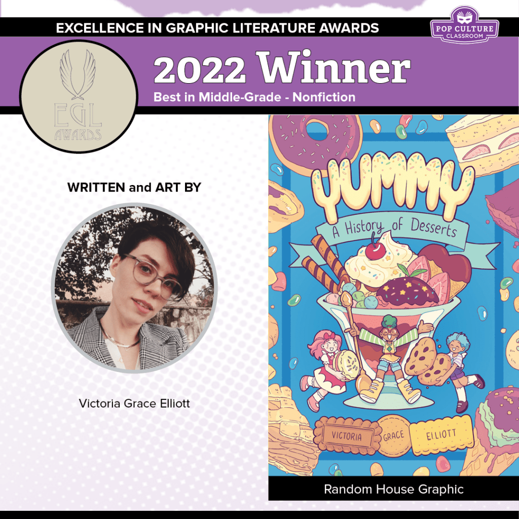 Graphic showing the cover of the winning graphic novel along with a photo of the creator(s)